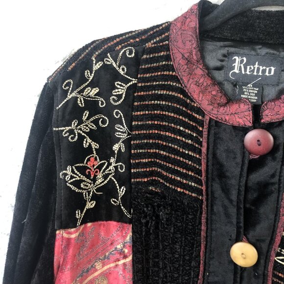 Retro Jacket Womens Medium Black Patchwork Velvet Embroidered Bohemian Tapestry - Picture 10 of 16
